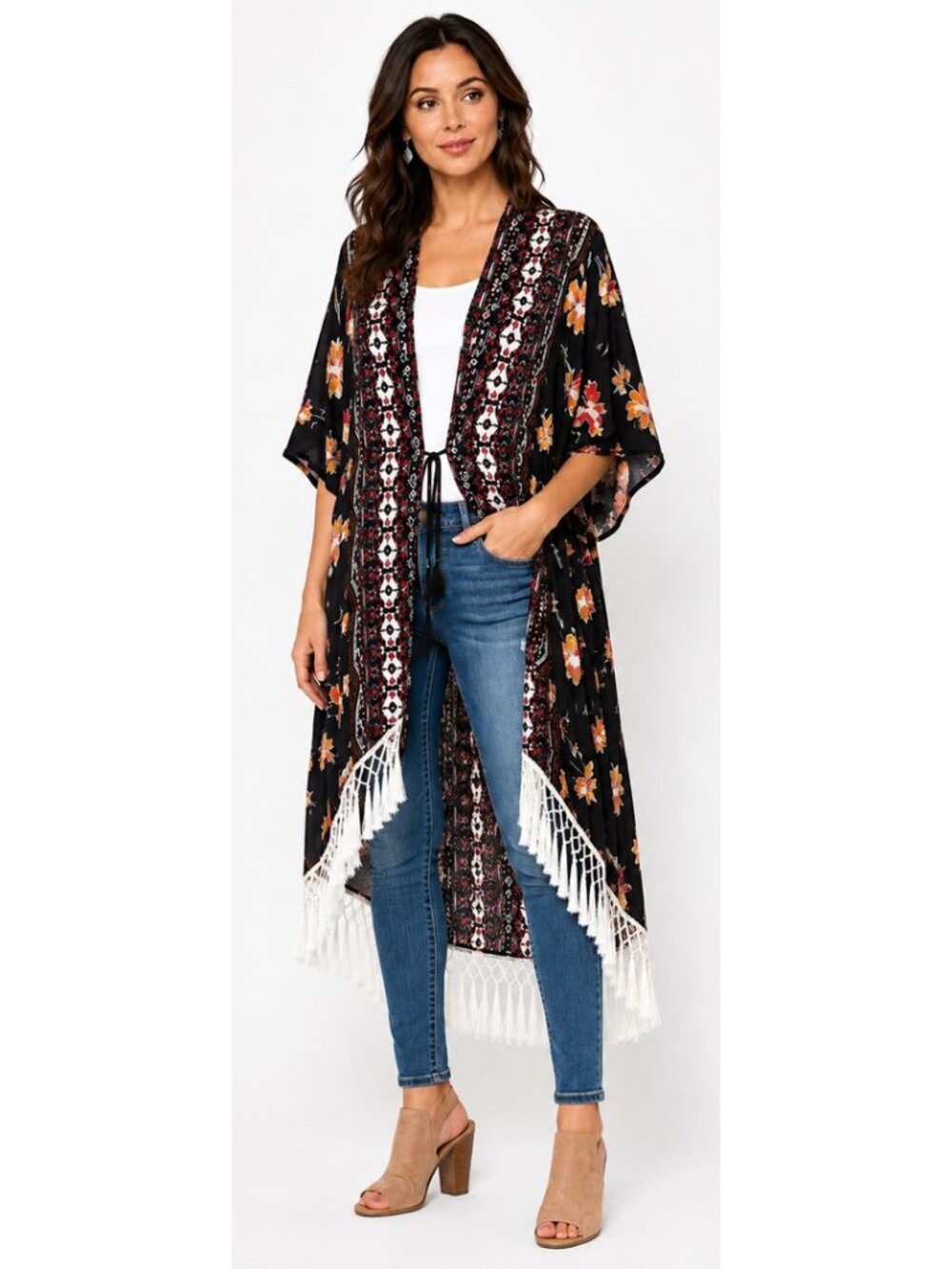 New Gigio S 4 6 8 Oversized Midnight Garden Fringed Midi Kimono Open Jacket